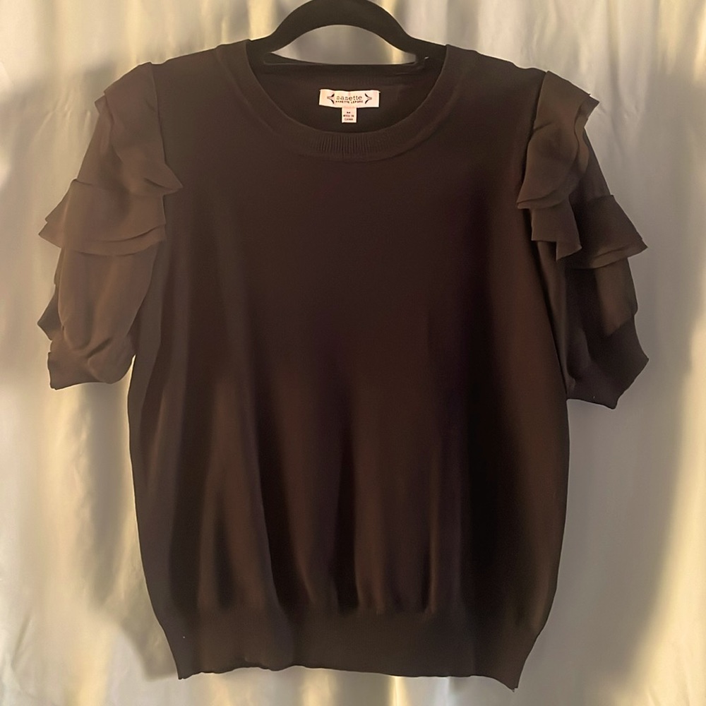 Nanette, Medium, black top with sheer sleeves